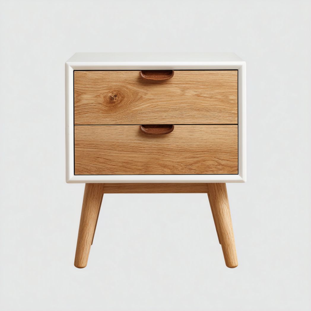 Comodino Bianco con 2 Cassetti in Rovere e Gambe in Legno Massello