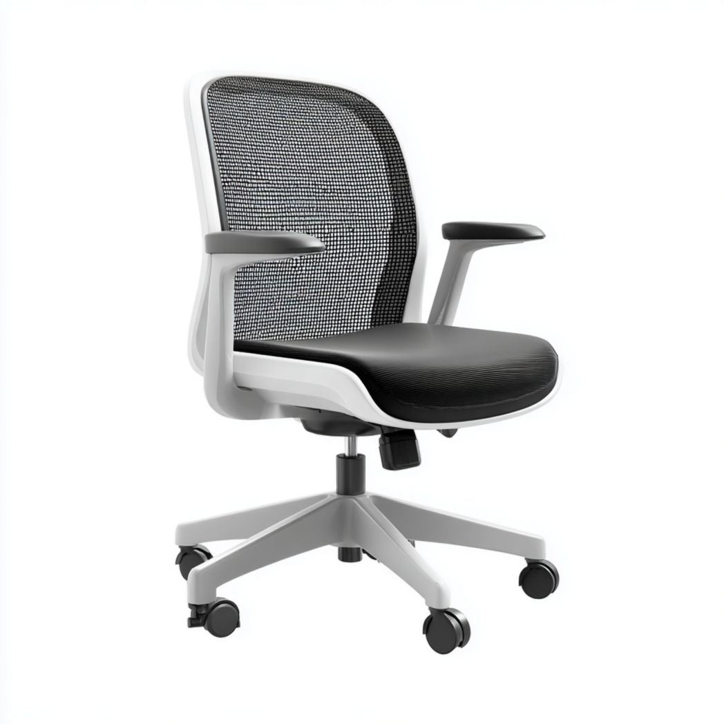 Poltrona da ufficio con schienale in rete nera e seduta imbottita nera, struttura bianca