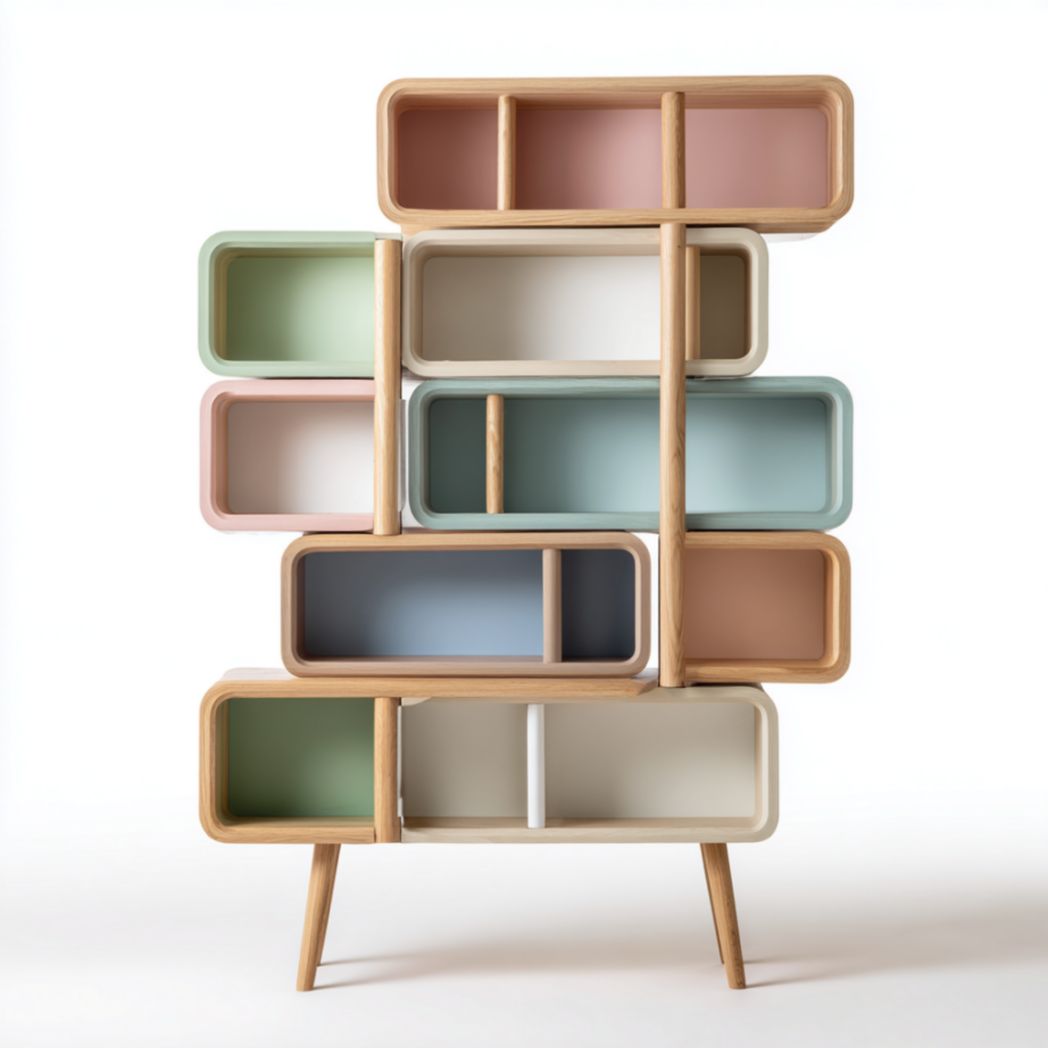 Scaffale modulare in rovere multicolore