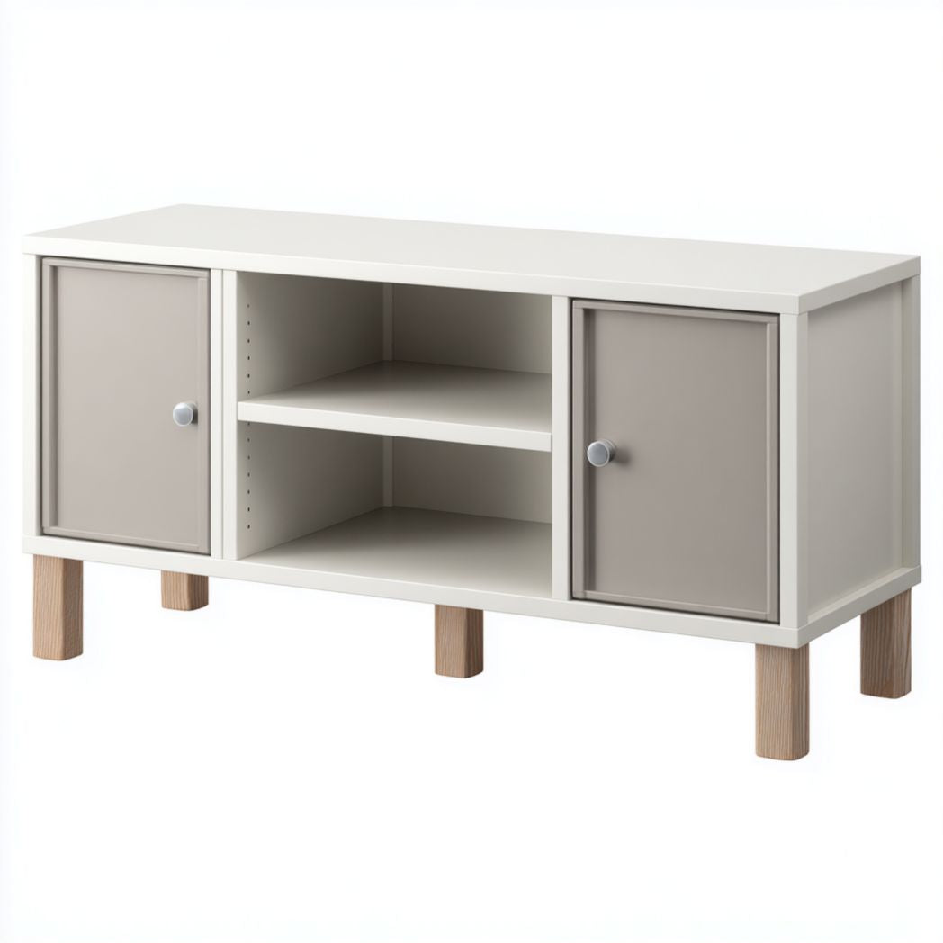Mobile TV con ante grigie e ripiani centrali in legno chiaro