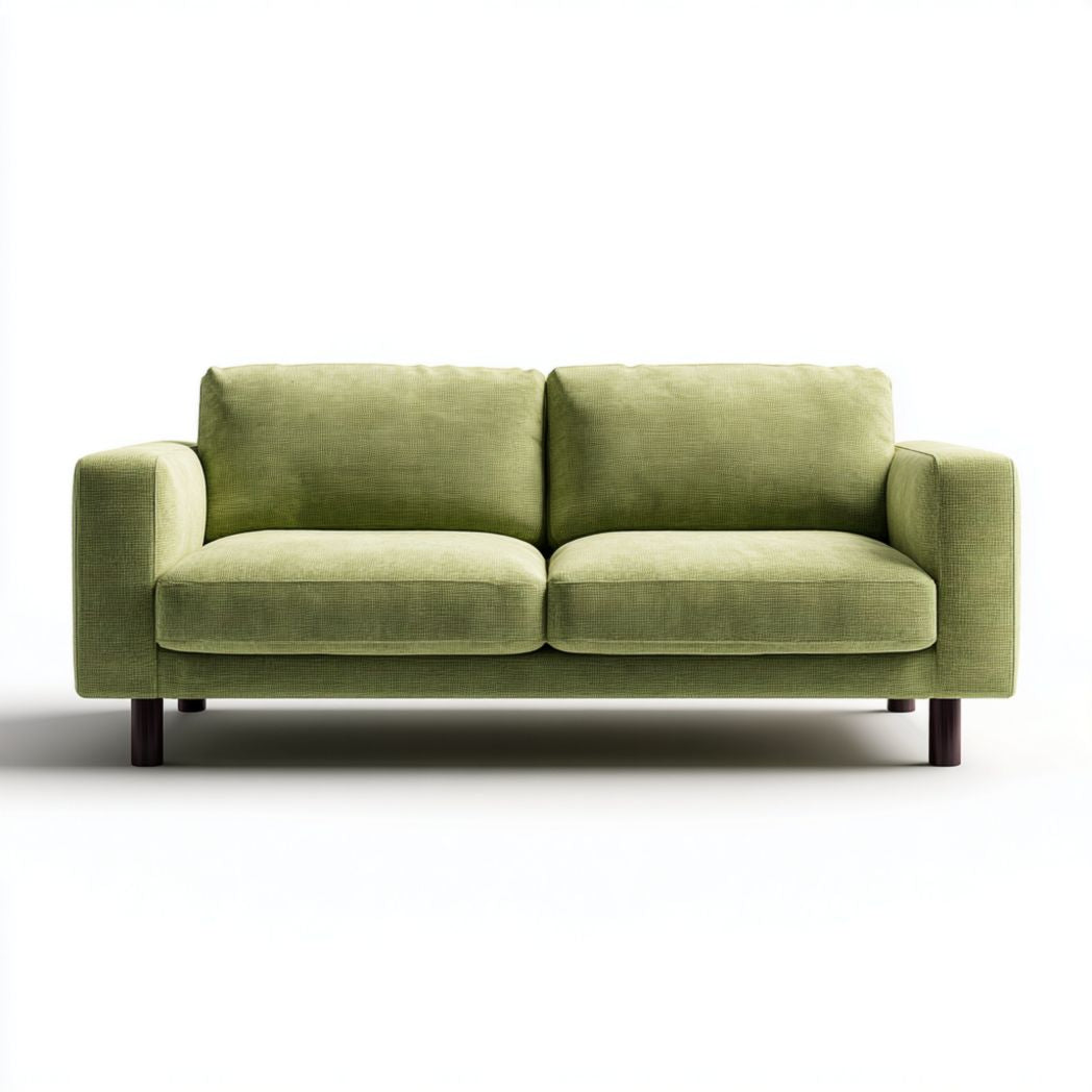 Divano 2 posti in tessuto con braccioli quadrati e cuscini imbottiti