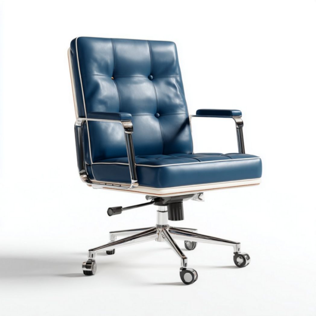 Sedia da ufficio girevole in ecopelle blu con base in acciaio cromato