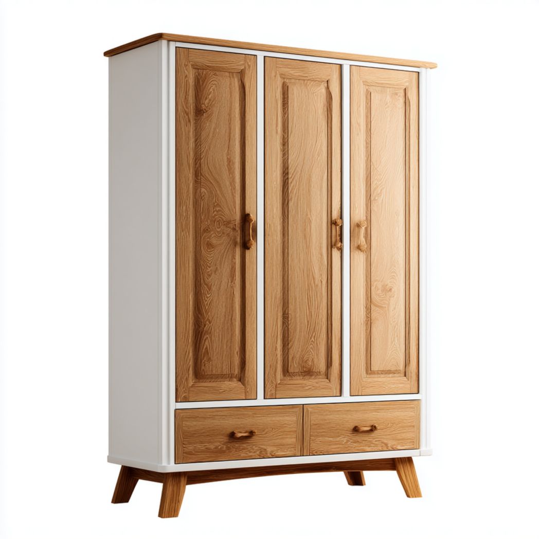 Armadio in Legno di Quercia con 3 Ante 2 Cassetti e Struttura Bianca