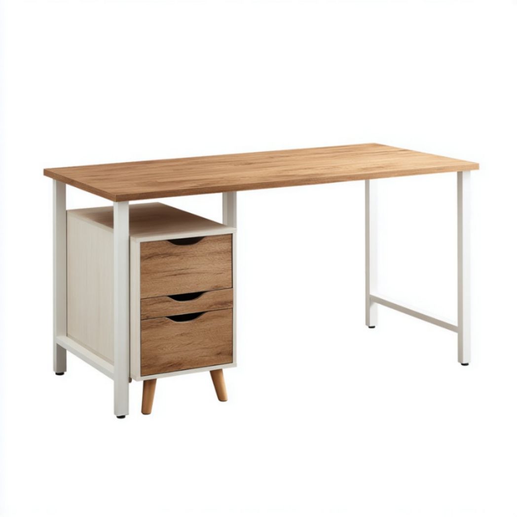 Scrivania con Cassetti in Legno e Struttura in Metallo Bianco