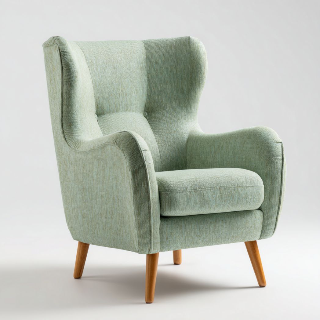 Poltrona ad ala in tessuto verde chiaro con gambe in legno chiaro