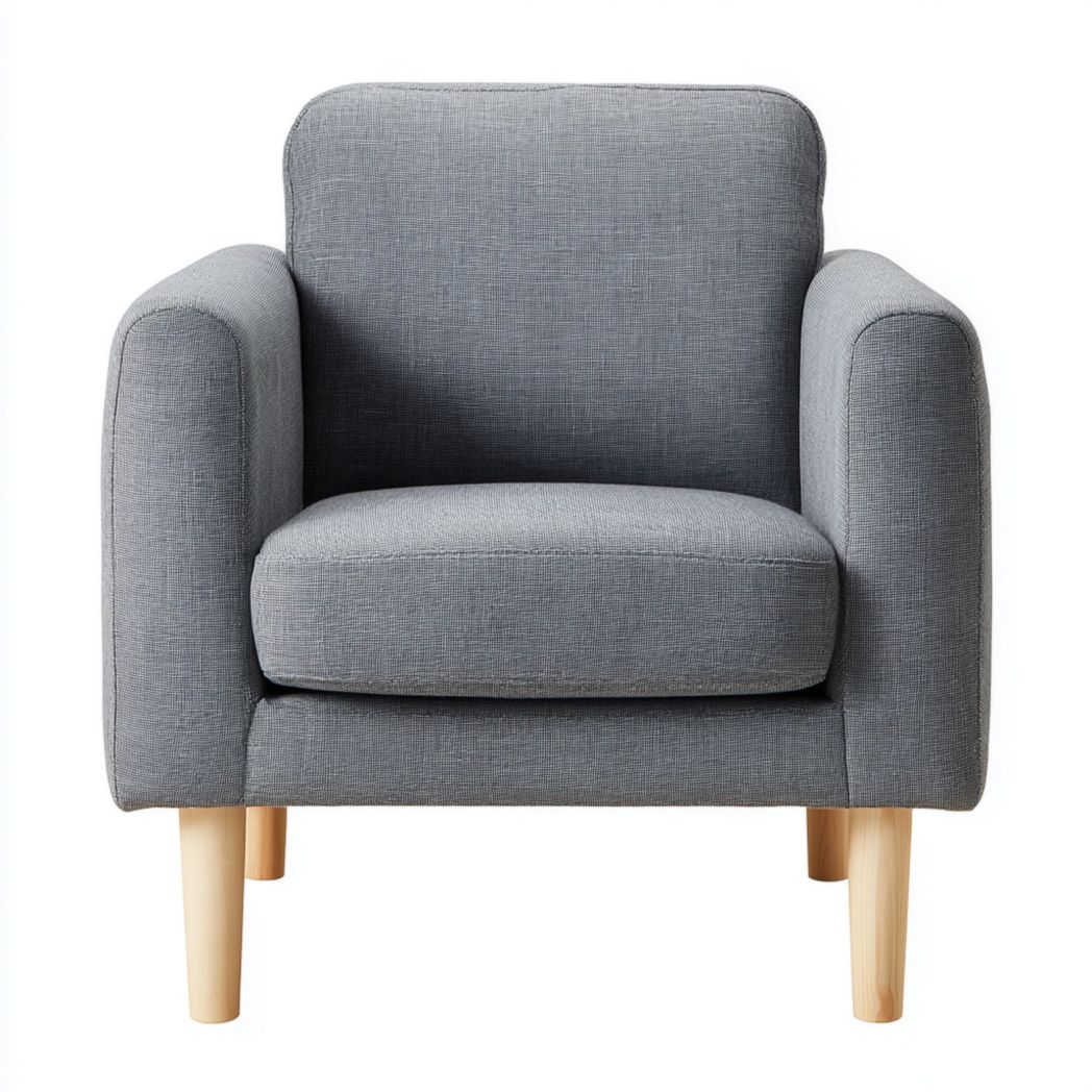 Poltrona in tessuto grigio chiaro con gambe in legno chiaro