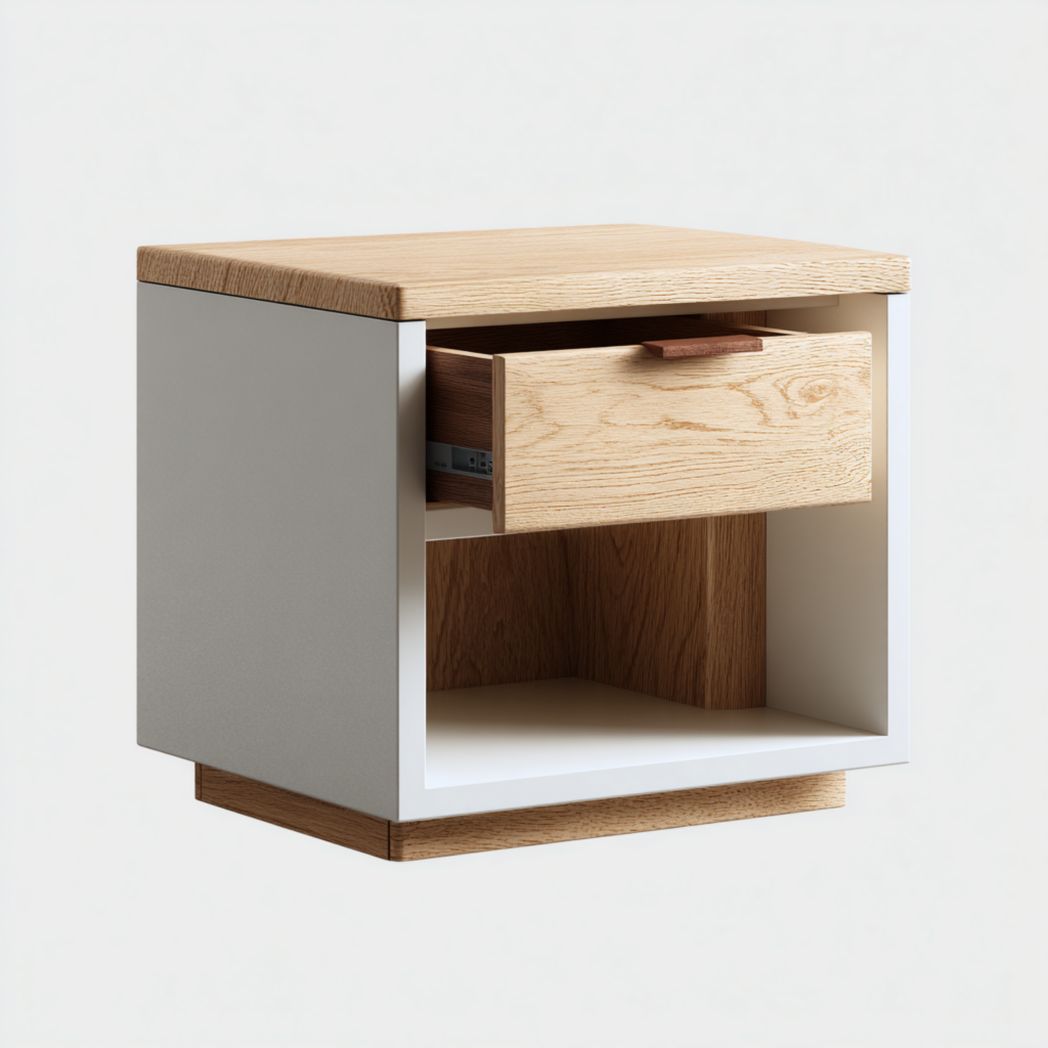 Comodino con cassetto e vano a giorno in legno di frassino bianco 45x40x40 cm